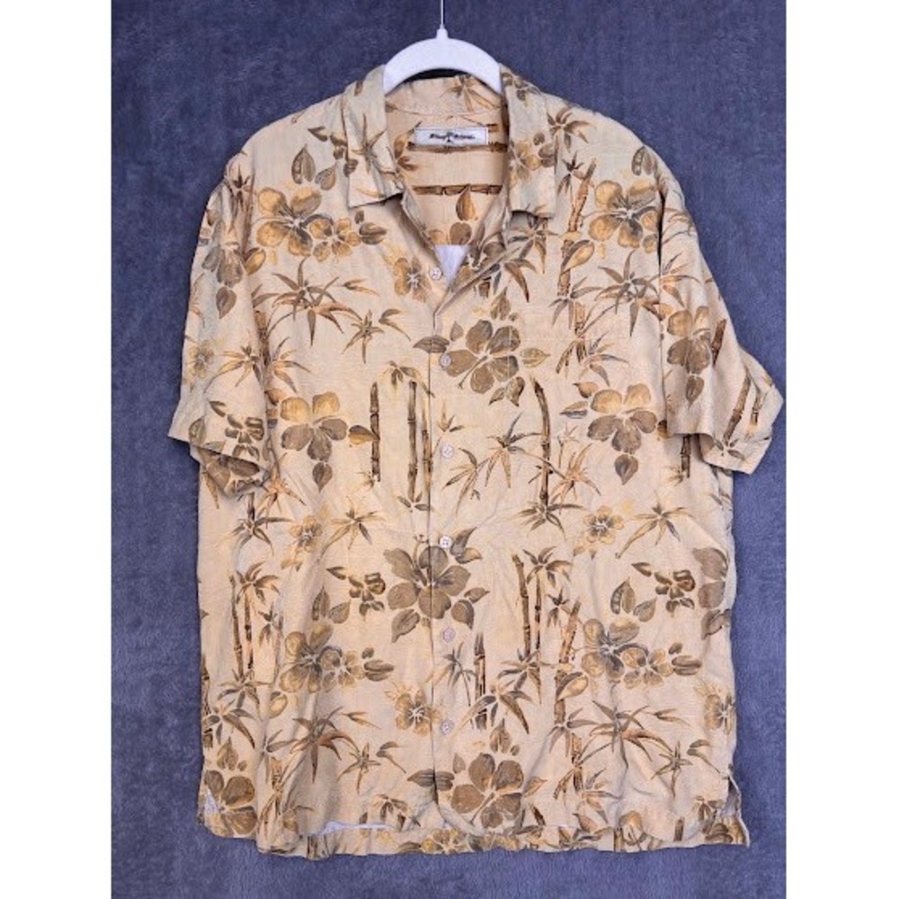 Tommy Bahama Mens Medium Silk Camp Shirt Tan Brown Bamboo Floral Tropical Print
